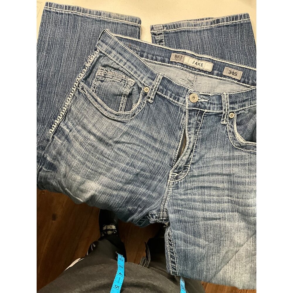 BKE Jake Men's Distressed Straight Leg Denim Jeans 34S Blue Cotton Blend Style A